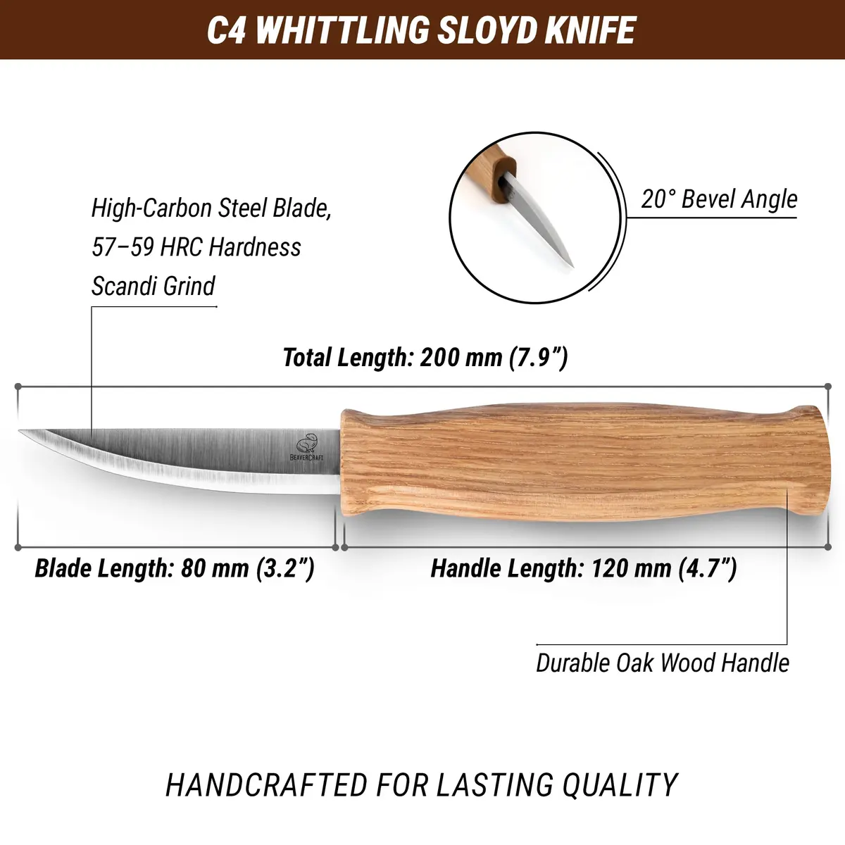 BeaverCraft Wood Carving Knife C4 3.14" | High-Carbon Steel, Ergonomic Oak Handle, Perfect for Woodworking & Whittling - view 2