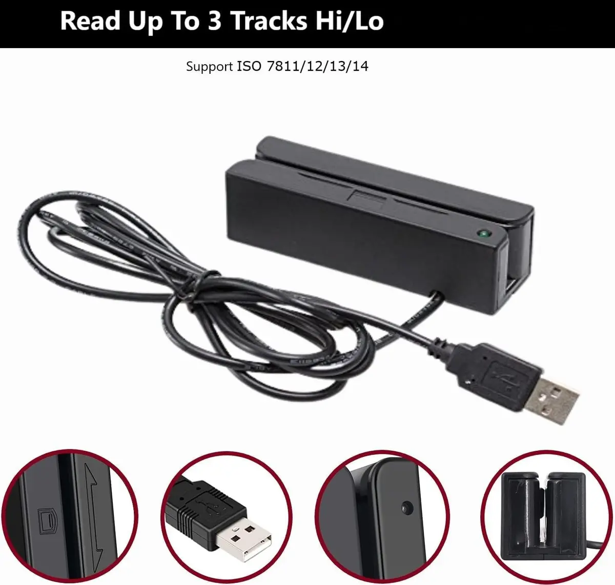 Posunitech MSR100 USB Magnetic Card Reader 9 cm (3.54 in) Black | Reads Tracks 1, 2, 3 Hi/Lo-Co Cards - view 2