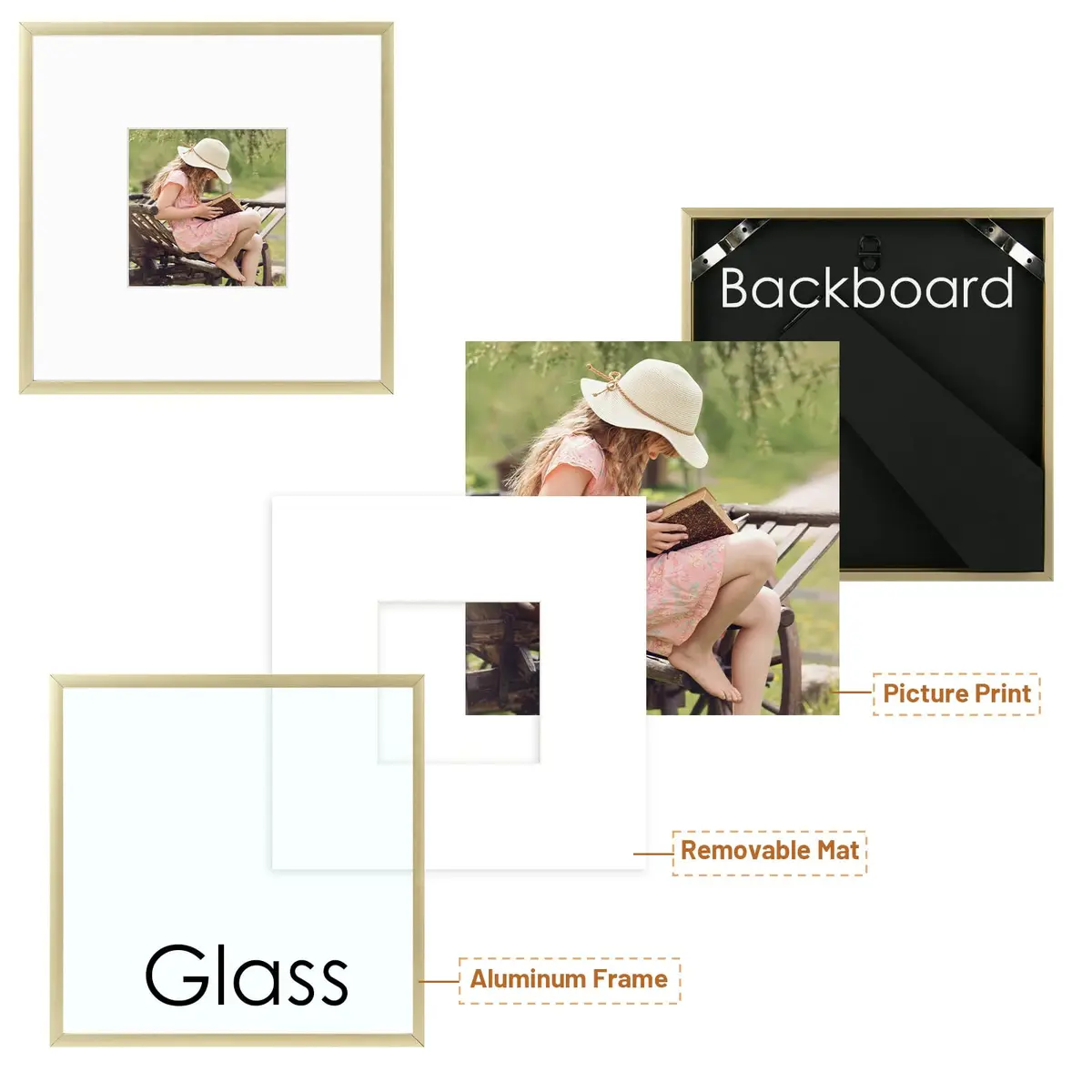 Frametory 8x8 Aluminum Picture Frame with Mat for 4x4 Photo | Gold - view 6