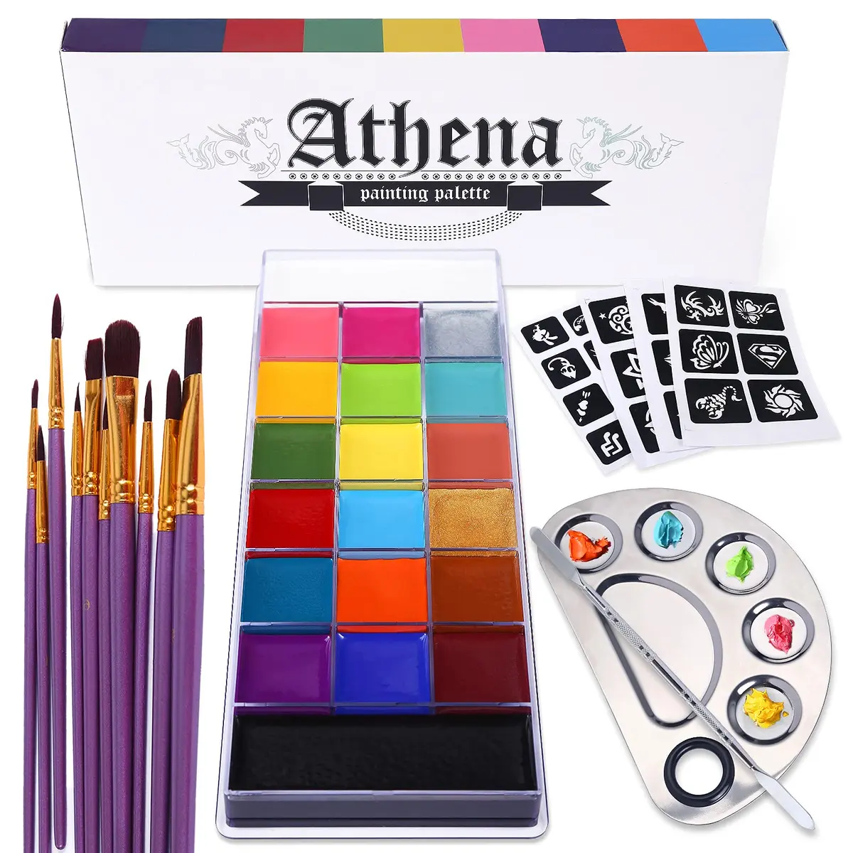 UCANBE Athena Face Body Paint Oil Makeup Set 20 Colors (168g/5.9oz) | Professional Oil-Based Makeup Kit with Brushes, Palette & Stencils - main product image