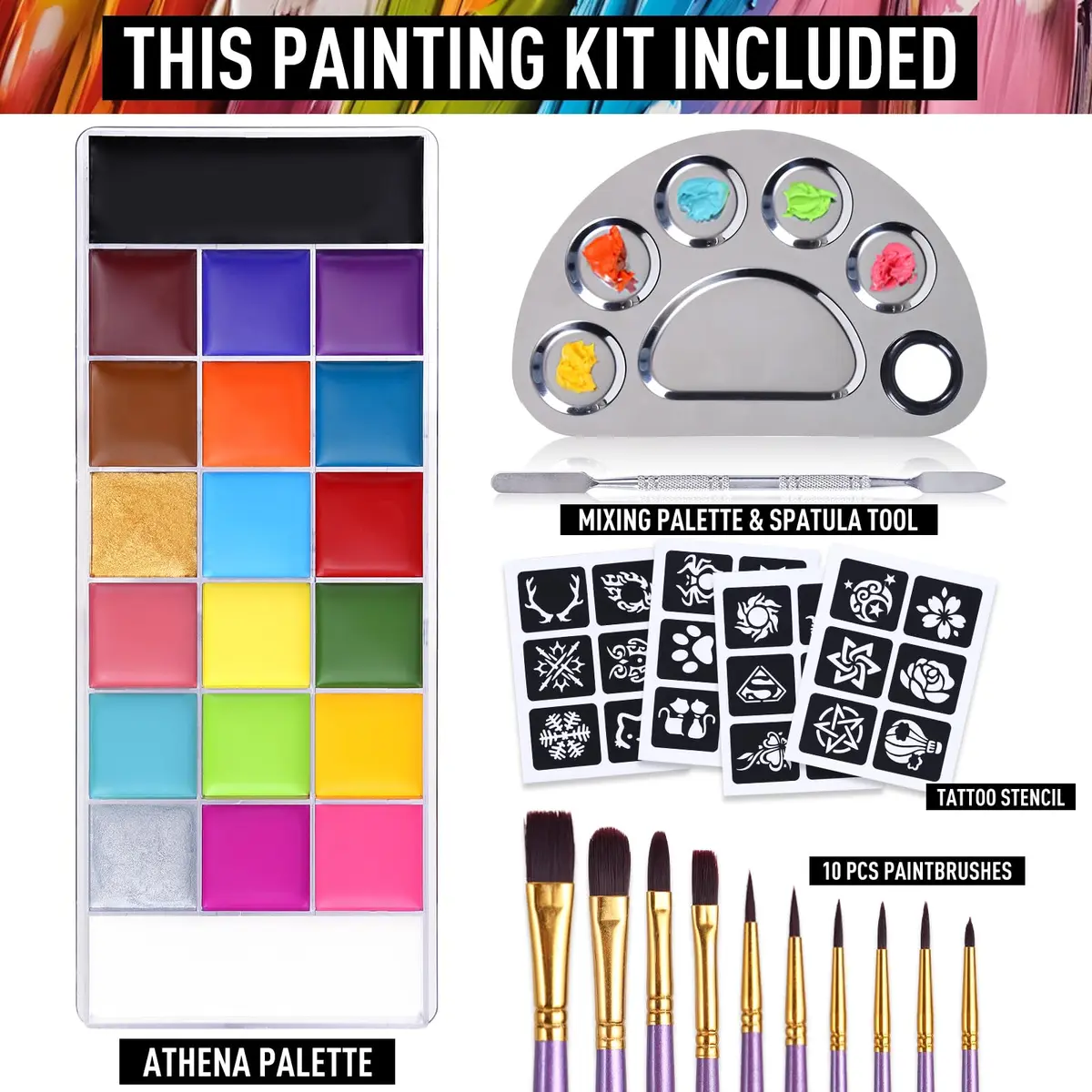 UCANBE Athena Face Body Paint Oil Makeup Set 20 Colors (168g/5.9oz) | Professional Oil-Based Makeup Kit with Brushes, Palette & Stencils - view 2