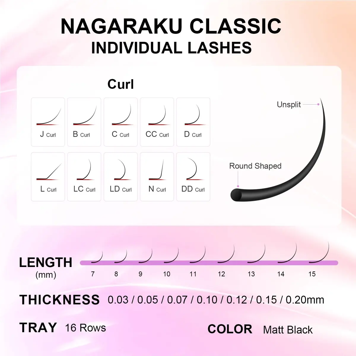 NAGARAKU Classic Individual Lash Extensions 0.10 LC 7-15mm Mix | Professional Matte Black PBT Fiber - view 8
