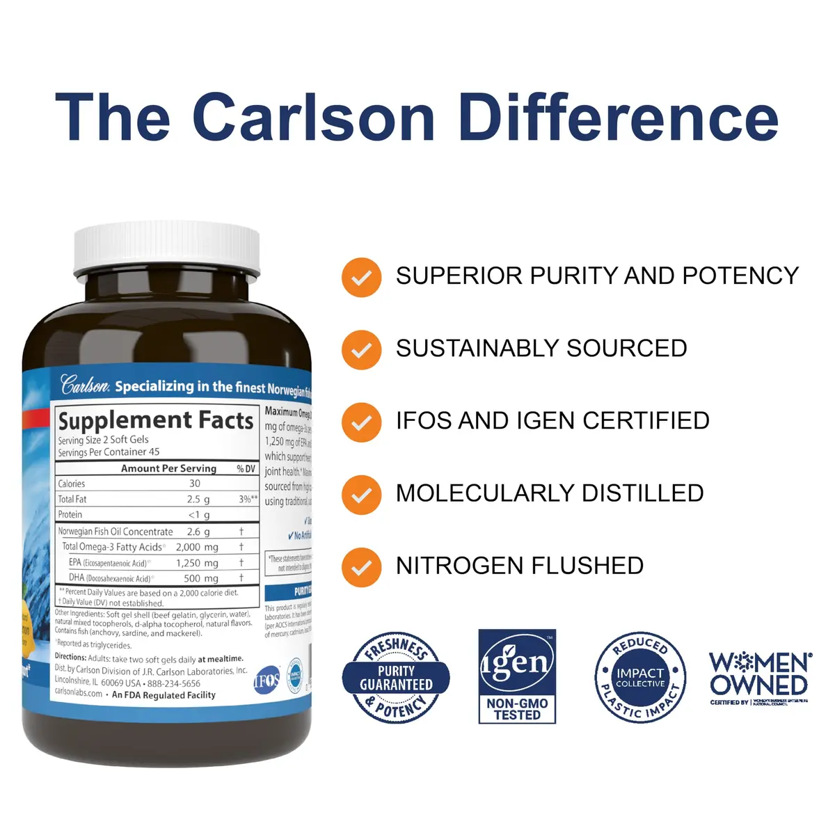 Carlson Maximum Omega 2000 mg Softgels | Wild-Caught Lemon Omega-3 Supplement for Whole Body Health - view 2