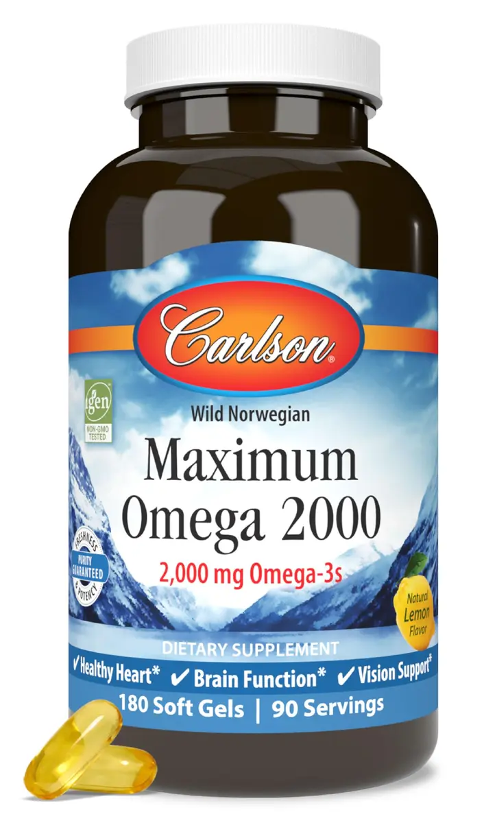 Carlson Maximum Omega 2000 mg | Wild-Caught Fish Oil Capsules with EPA & DHA, Lemon, 180 Softgels - main product image