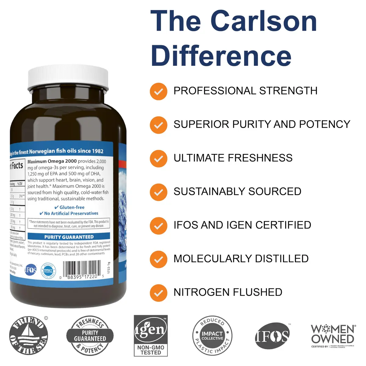 Carlson Maximum Omega 2000 mg | Wild-Caught Fish Oil Capsules with EPA & DHA, Lemon, 180 Softgels - view 2