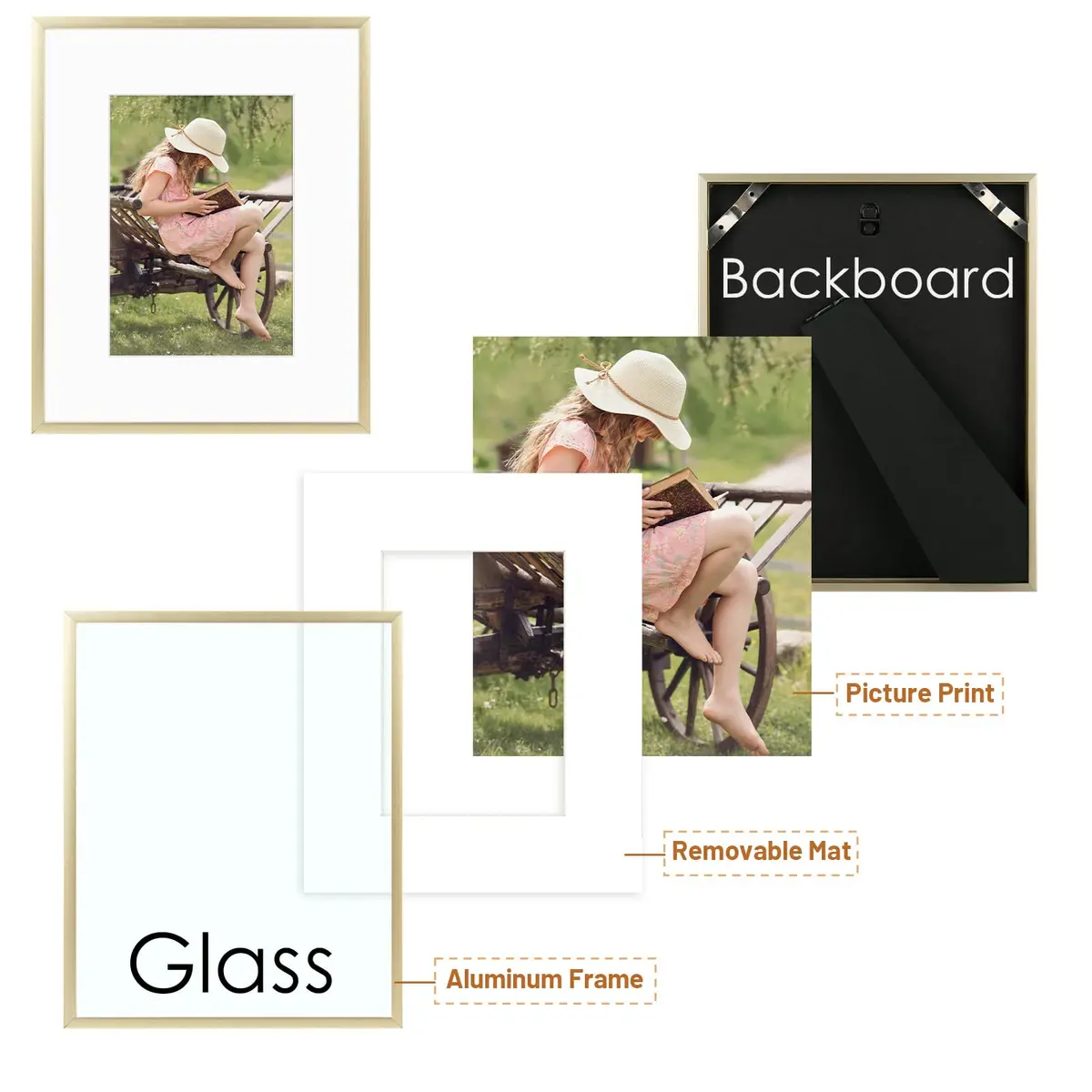 Frametory 8x10 Aluminum Picture Frame with Mat for 5x7 Photo, Gold | Wall & Tabletop Display - view 6