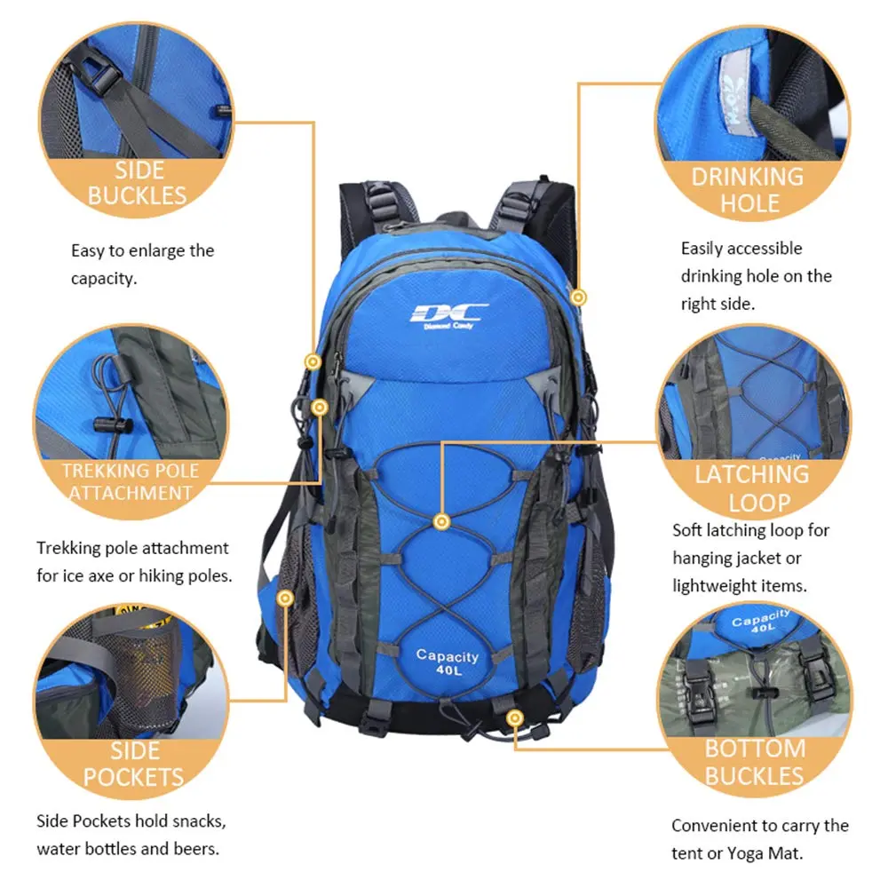 Diamond Candy 40L Hiking Backpack Waterproof Daypack for Men and Women | 40L Capacity, Waterproof Nylon, Breathable Mesh, Multiple Compartments - view 2