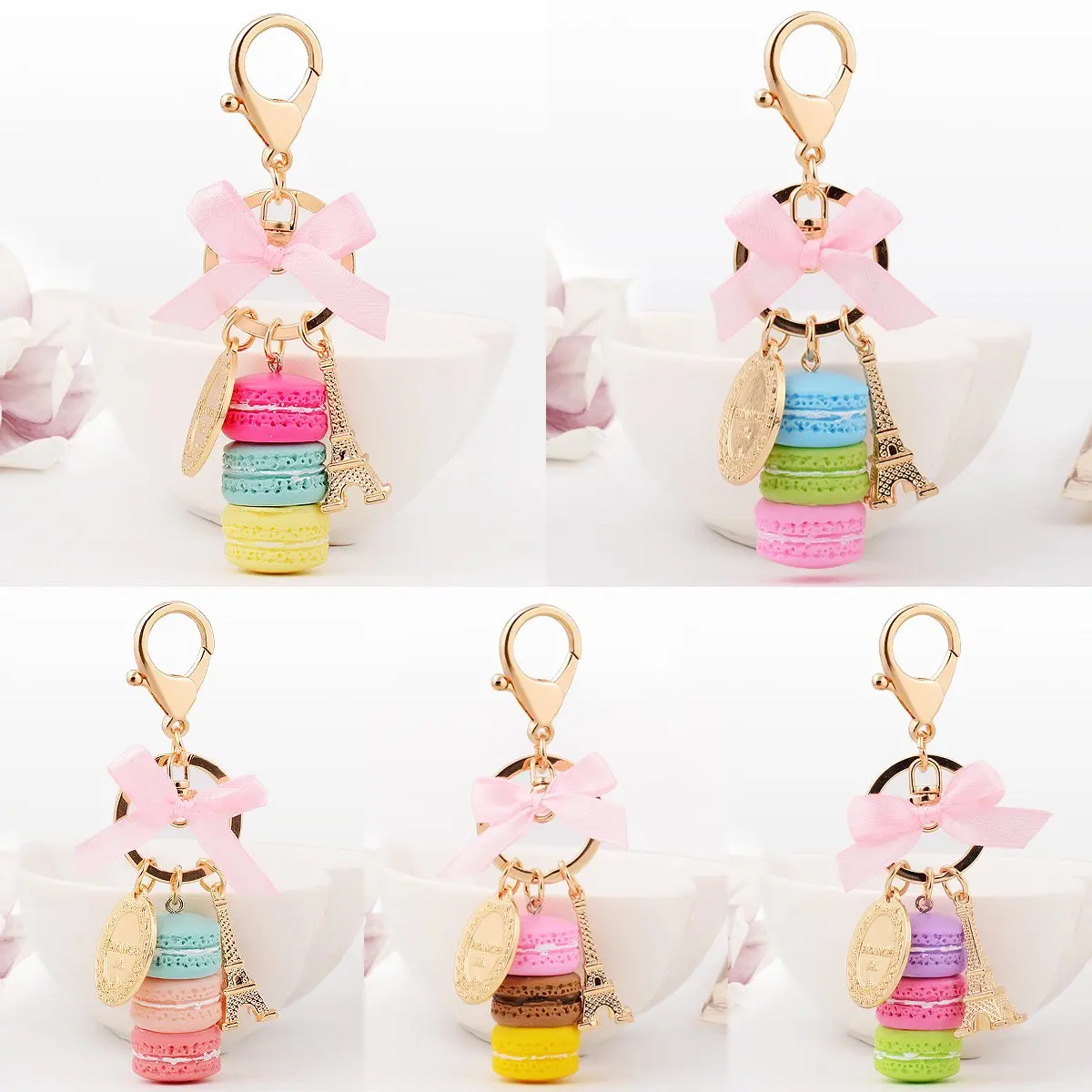 ZOONAI Pink Macaron Cake Eiffel Tower Keychain Bowknot 2*12cm | Sparkling accessory for women - view 5