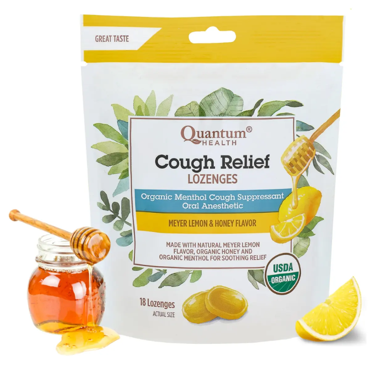 Quantum Organic Cough Drops Meyer Lemon & Honey 18 Lozenges | Soothing Throat & Cough Relief - main product image