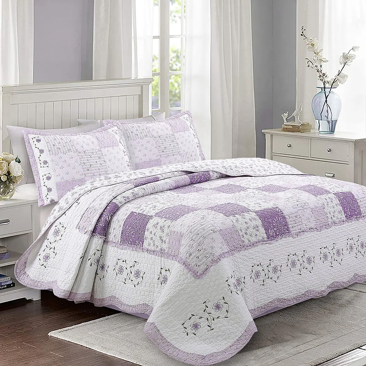 Cozy Line Home Fashions 100% Cotton Patchwork Quilt Set | Reversible Lilac Floral Bedspread (Queen) - main product image