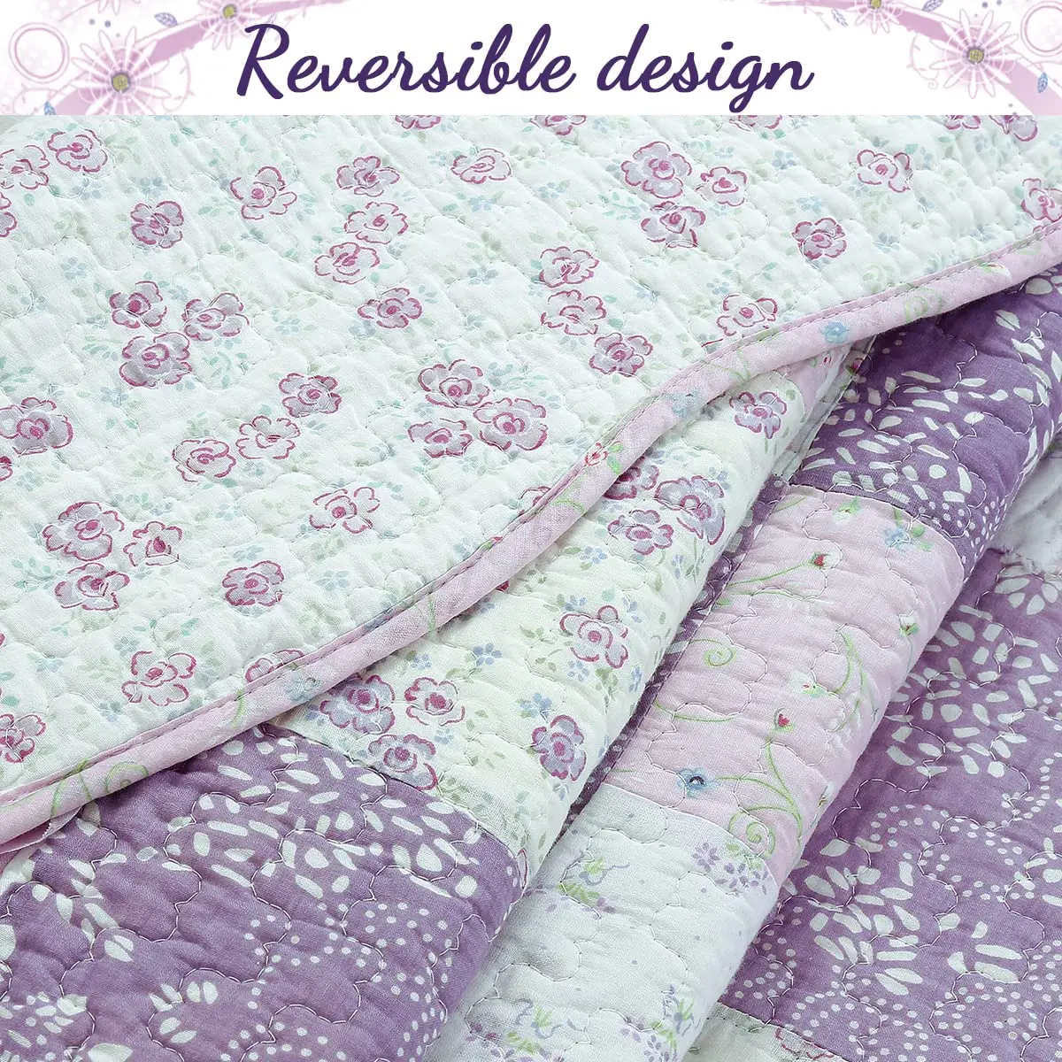 Cozy Line Home Fashions 100% Cotton Patchwork Quilt Set | Reversible Lilac Floral Bedspread (Queen) - view 5