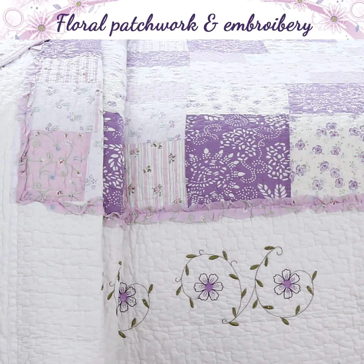 Cozy Line Home Fashions 100% Cotton Patchwork Quilt Set | Reversible Lilac Floral Bedspread (Queen) - view 6