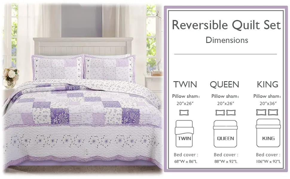 Cozy Line Home Fashions 100% Cotton Patchwork Quilt Set | Reversible Lilac Floral Bedspread (Queen) - view 8