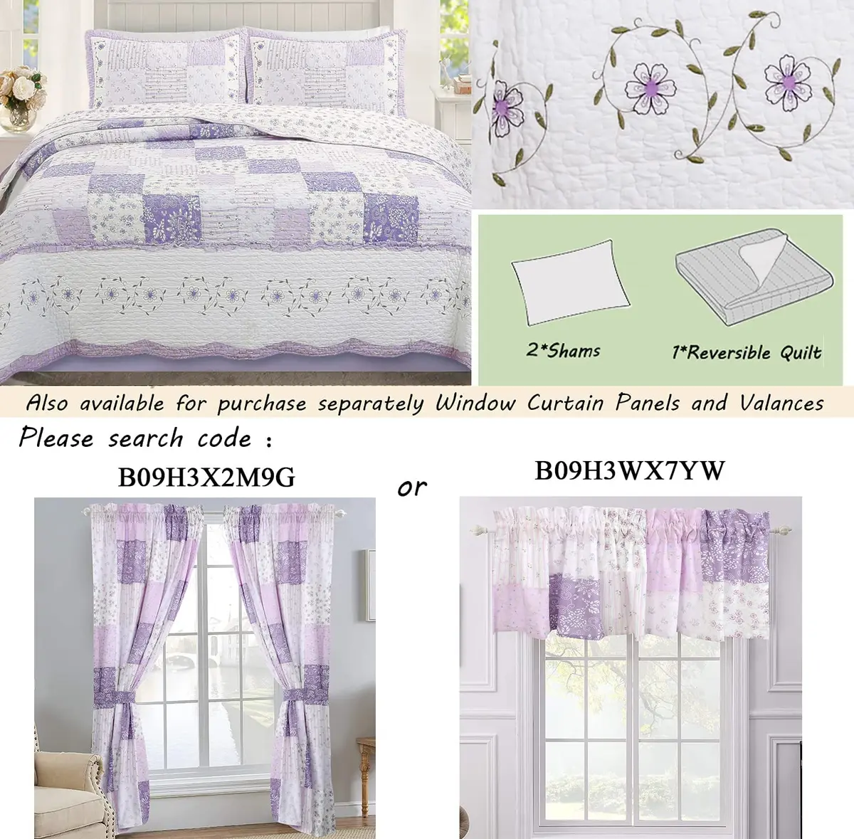 Cozy Line Home Fashions 100% Cotton Patchwork Quilt Set | Reversible Lilac Floral Bedspread (Queen) - view 9