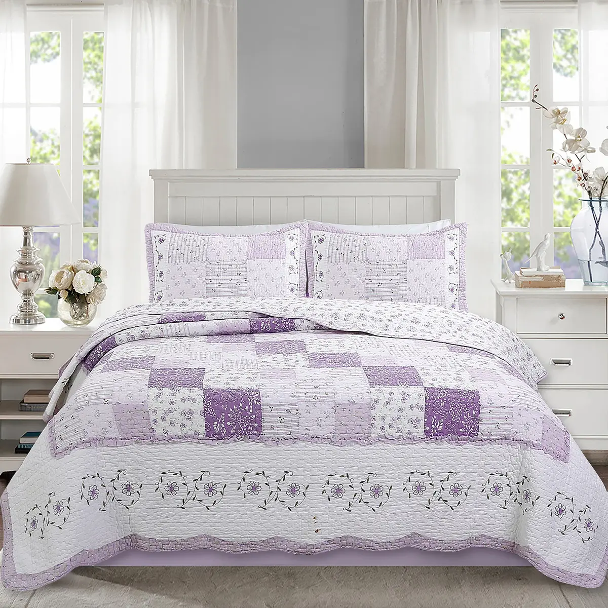Cozy Line Home Fashions 100% Cotton Patchwork Quilt Set | Reversible Lilac Floral Bedspread (Queen) - view 2