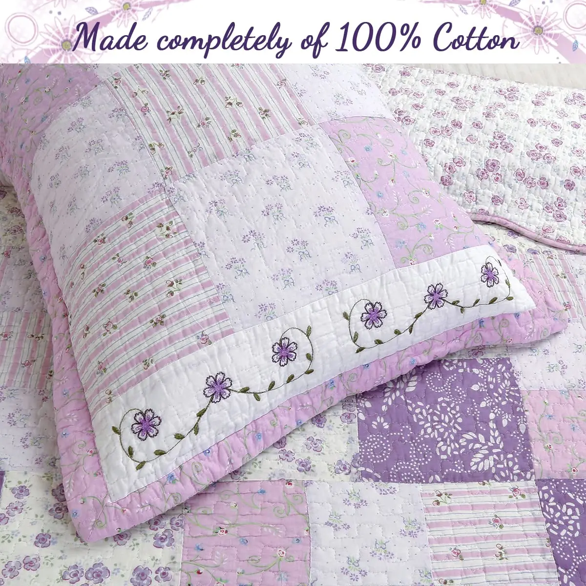 Cozy Line Home Fashions 100% Cotton Patchwork Quilt Set | Reversible Lilac Floral Bedspread (Queen) - view 3