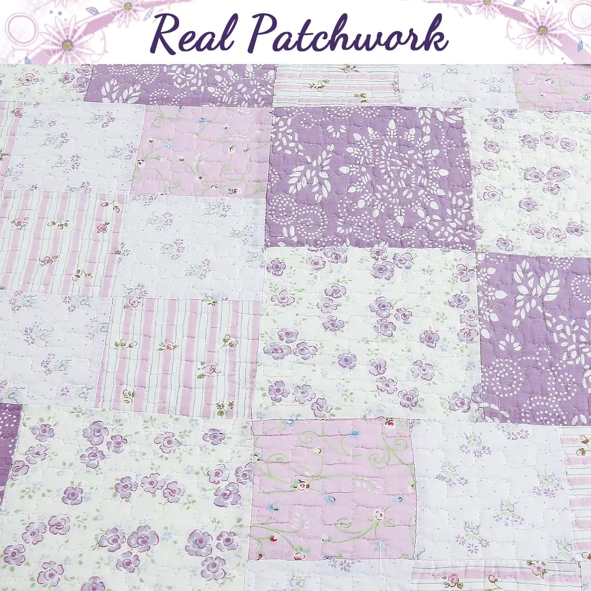 Cozy Line Home Fashions 100% Cotton Patchwork Quilt Set | Reversible Lilac Floral Bedspread (Queen) - view 4
