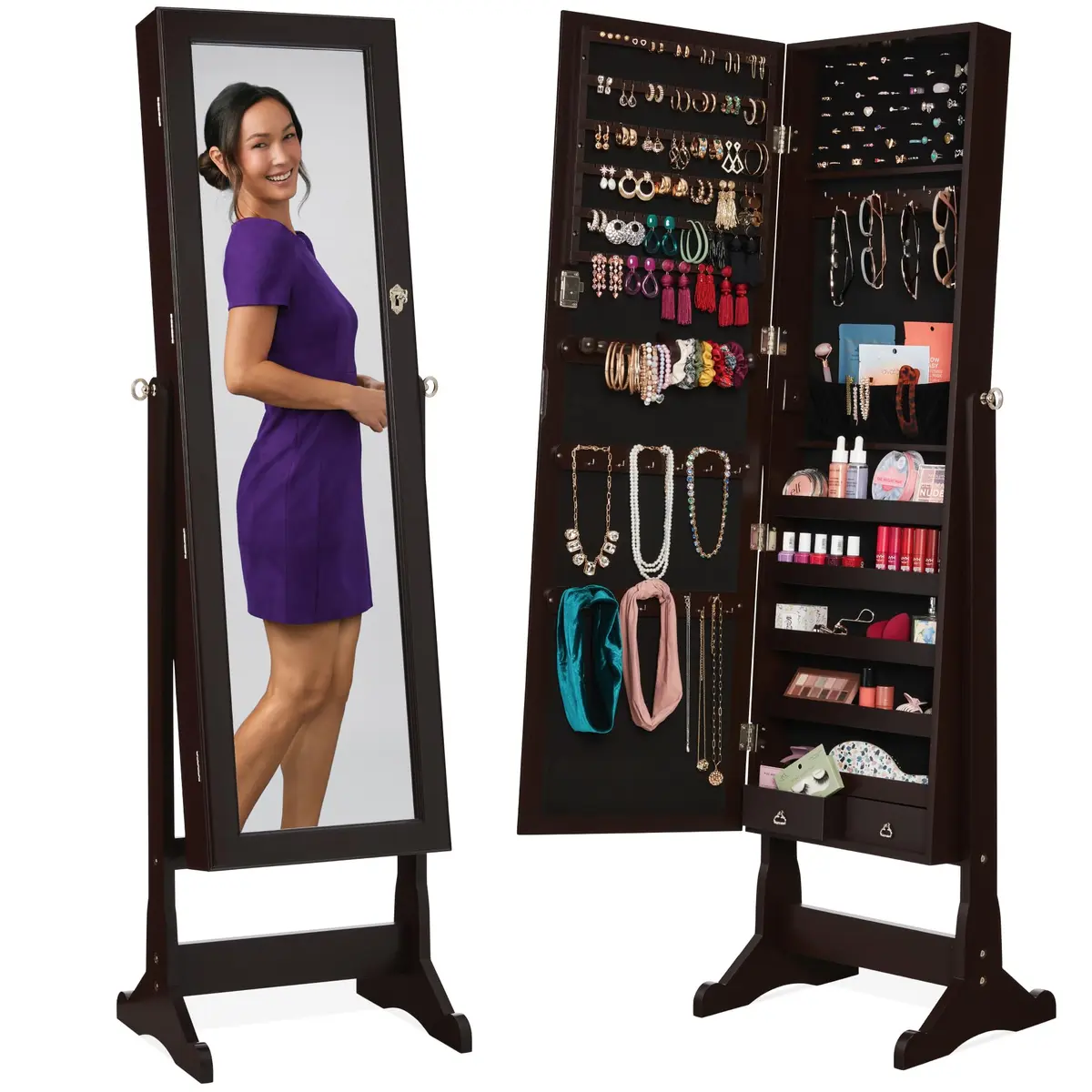 Best Choice Products Full Length Freestanding Jewelry Armoire Cabinet | Lockable Mirror with Velvet Interior, 3 Angles, 5 Shelves, Espresso - main product image