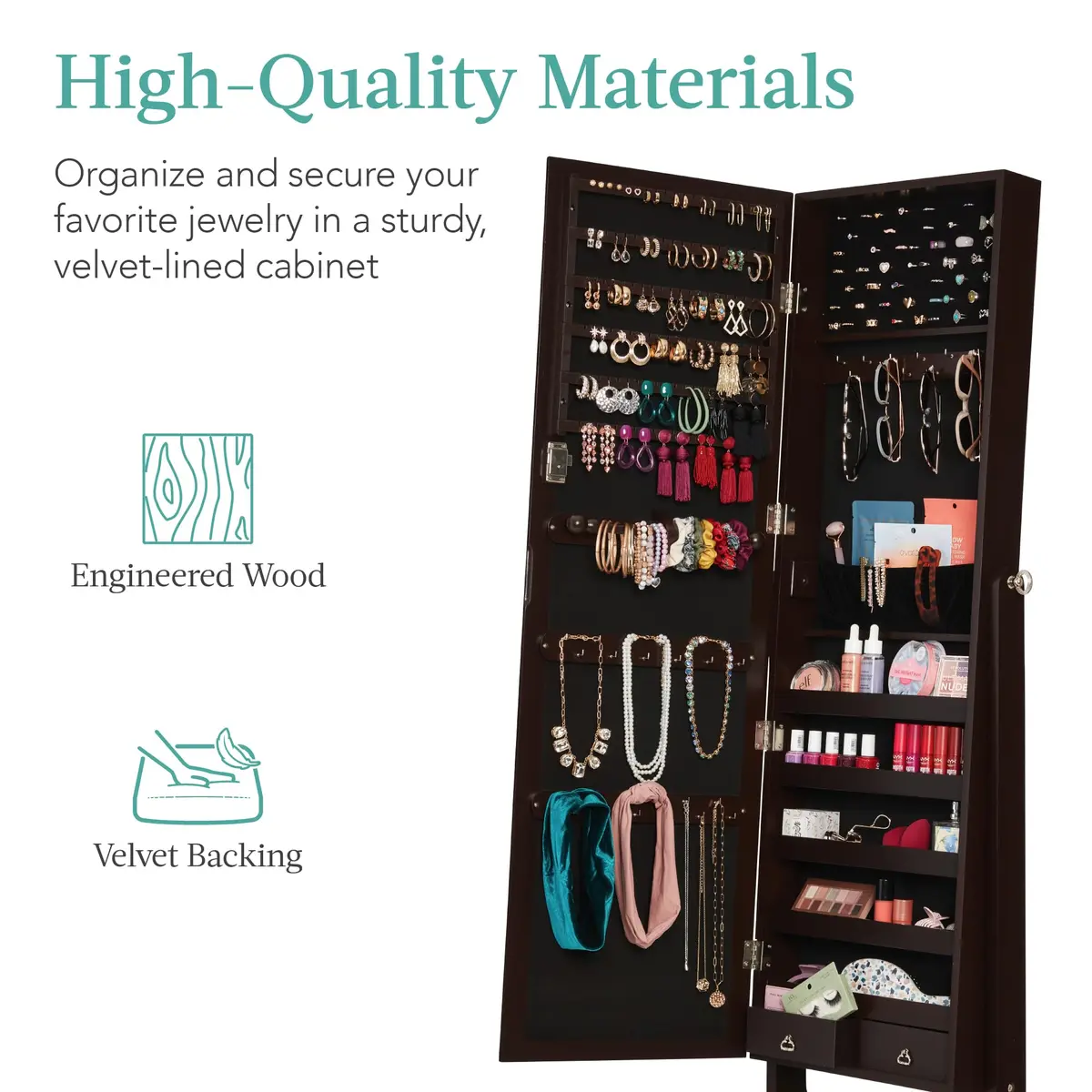 Best Choice Products Full Length Freestanding Jewelry Armoire Cabinet | Lockable Mirror with Velvet Interior, 3 Angles, 5 Shelves, Espresso - view 5