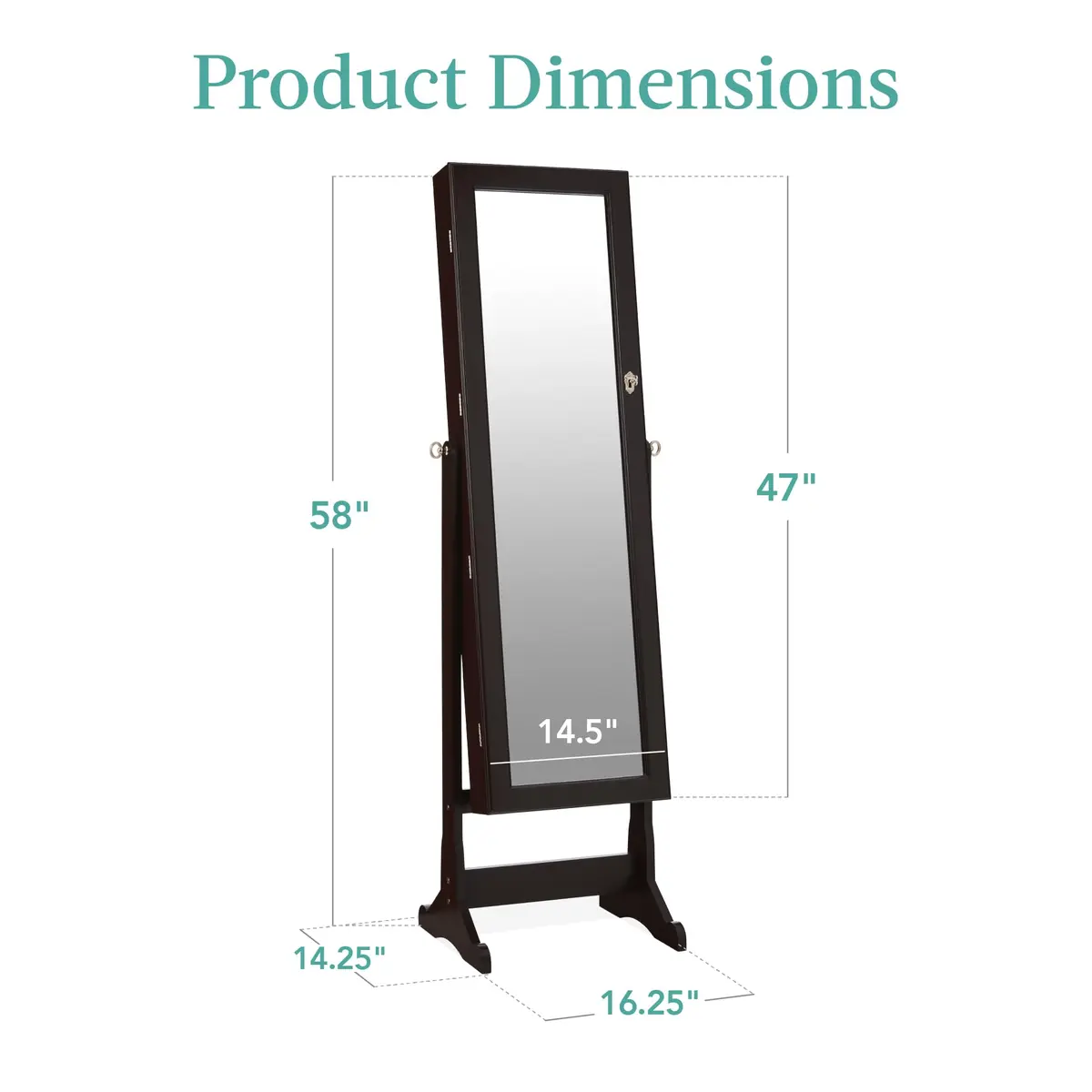 Best Choice Products Full Length Freestanding Jewelry Armoire Cabinet | Lockable Mirror with Velvet Interior, 3 Angles, 5 Shelves, Espresso - view 7