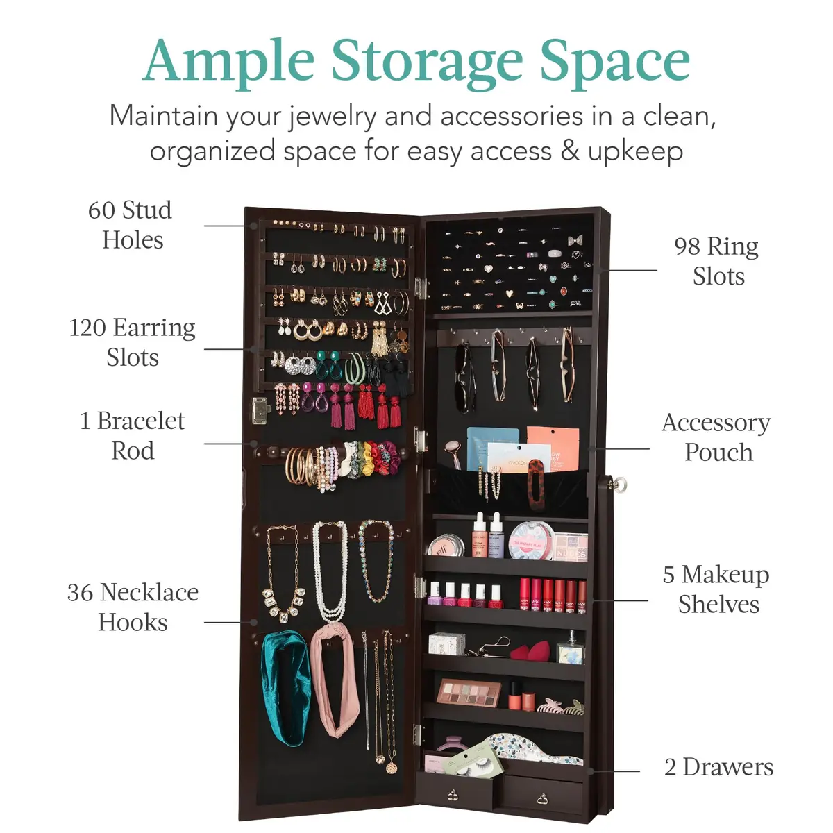 Best Choice Products Full Length Freestanding Jewelry Armoire Cabinet | Lockable Mirror with Velvet Interior, 3 Angles, 5 Shelves, Espresso - view 2