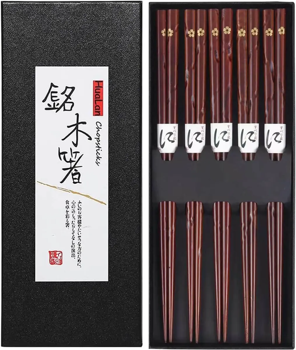 HuaLan Natural Wood Chopsticks 9 in | Non-slip, Reusable, Classic Style, 5 Pairs - main product image