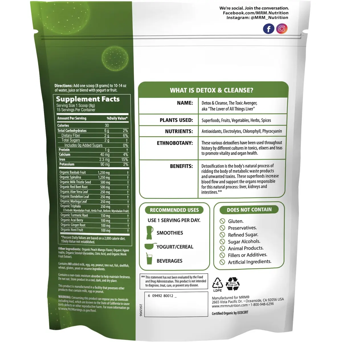 MRM Organic Detox and Cleanse Powder Peach Mango Flavor 120g (4.2 oz) | USDA Organic Superfood Blend - view 2