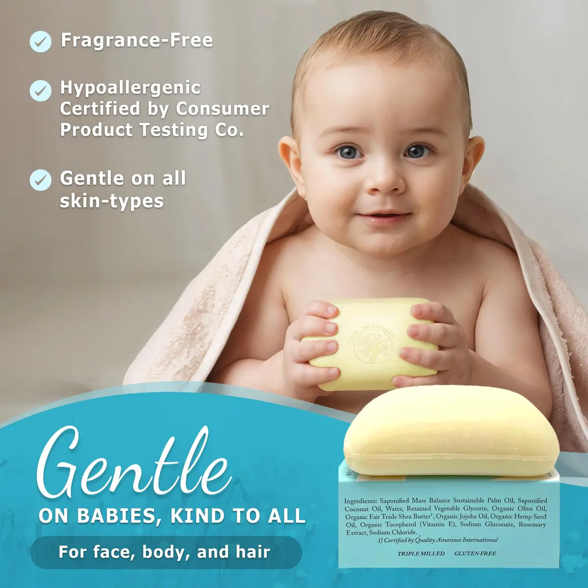Dr. Woods Unscented Baby Mild Bar Soap 15.75 oz (3 x 5.25 oz) | Gentle Castile Soap for Sensitive Skin - view 2