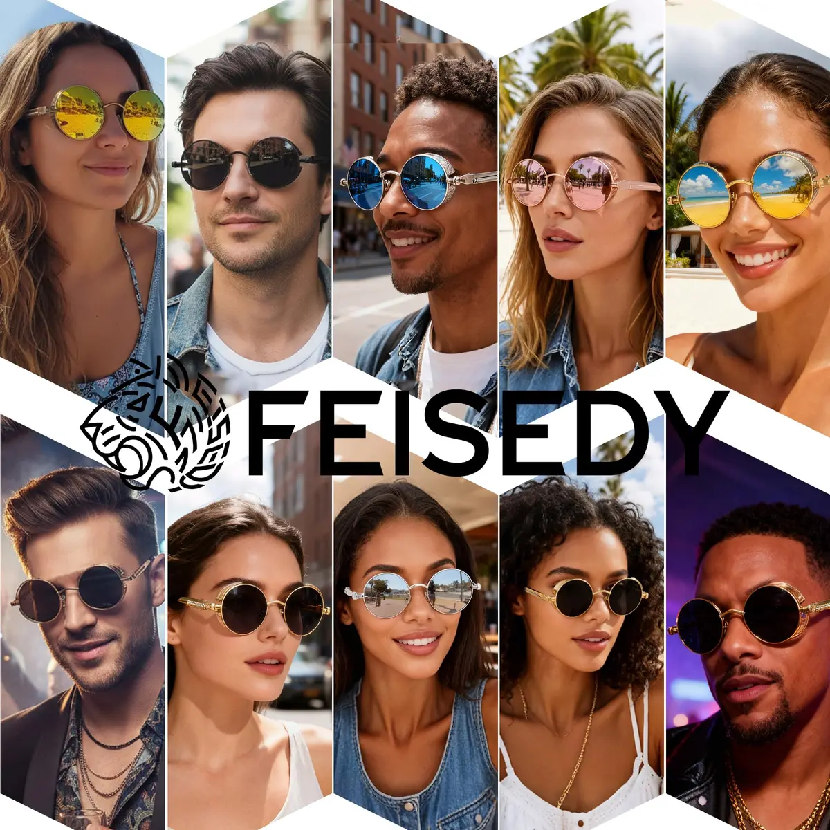FEISEDY Retro Gothic Steampunk Sunglasses Round Metal Frame Bronze/Goldgreen | UV400 Protection - view 5