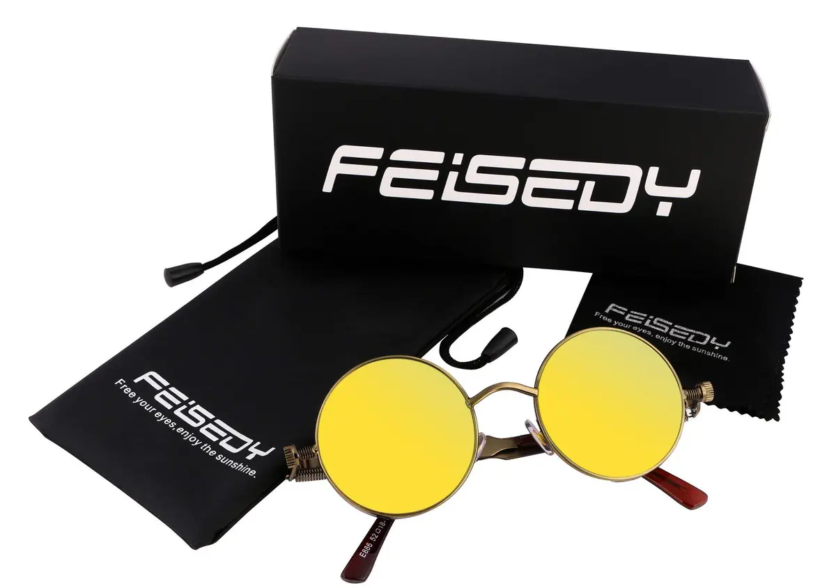FEISEDY Retro Gothic Steampunk Sunglasses Round Metal Frame Bronze/Goldgreen | UV400 Protection - view 6