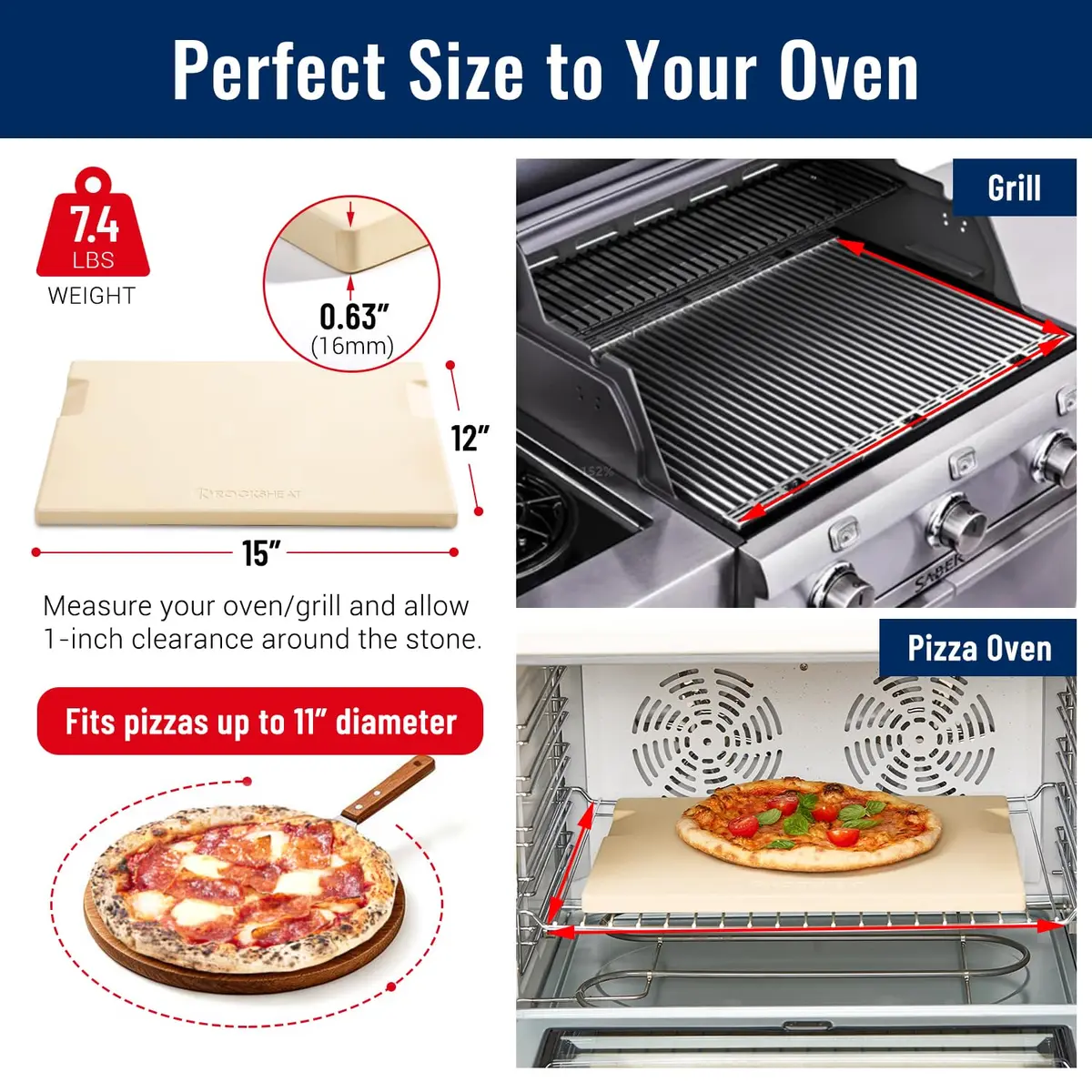 ROCKSHEAT Pizza Stone for Oven & Grill 15x12 Inch | Heavy Duty Cordierite Baking Stone with Handles - view 2