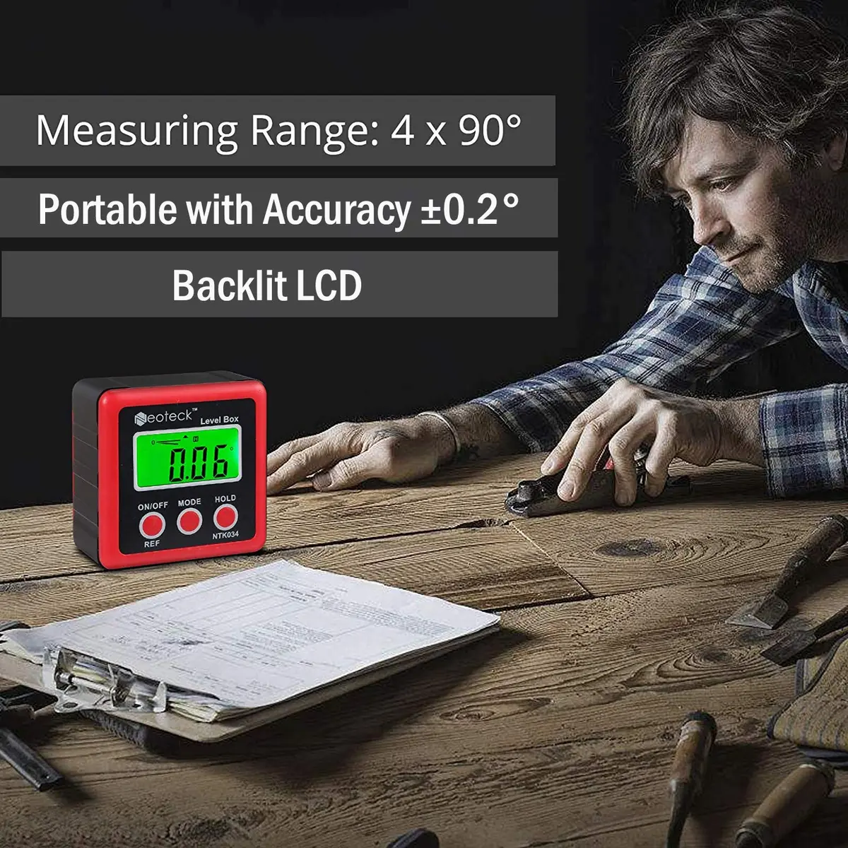 Neoteck Digital Angle Finder with Magnetic Base, LCD Backlight Inclinometer | Precise ±0.2° Readings, IP54 Waterproof - view 5