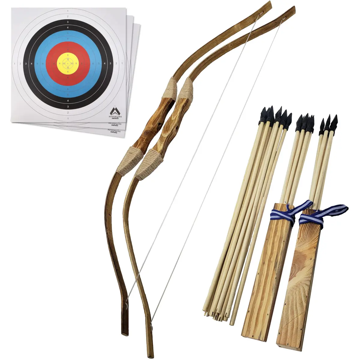 Adventure Awaits! Handmade Wooden Bow and Arrow Set 2-Pack | 81 cm (31 in) Draw Length | 20 Wood Arrows & 2 Quivers - main product image