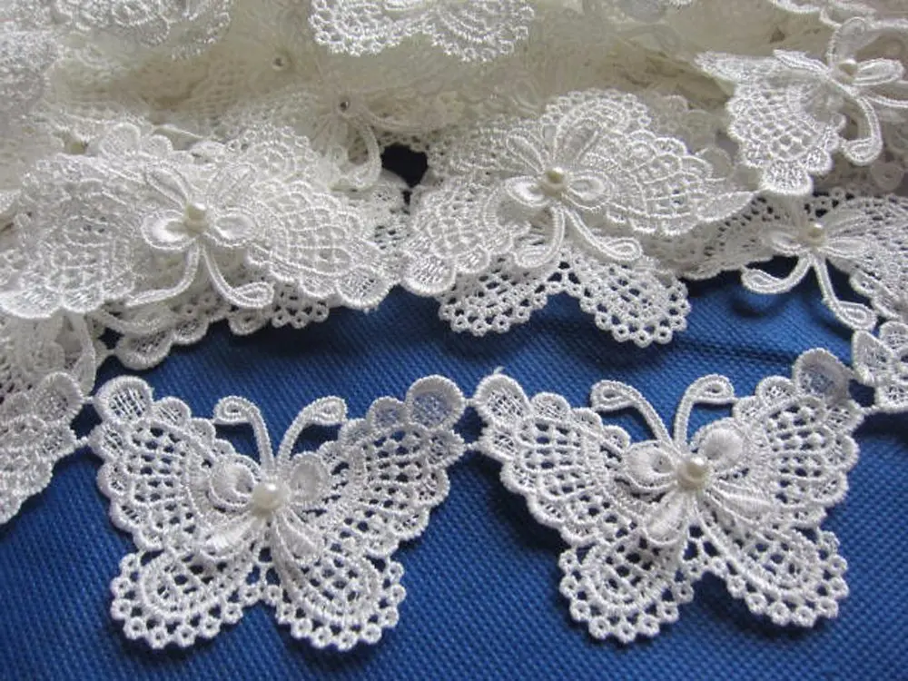 YYCRAFT Butterfly 3" Lace Edge Trim Pearl Wedding Applique for DIY Sewing in White - main product image