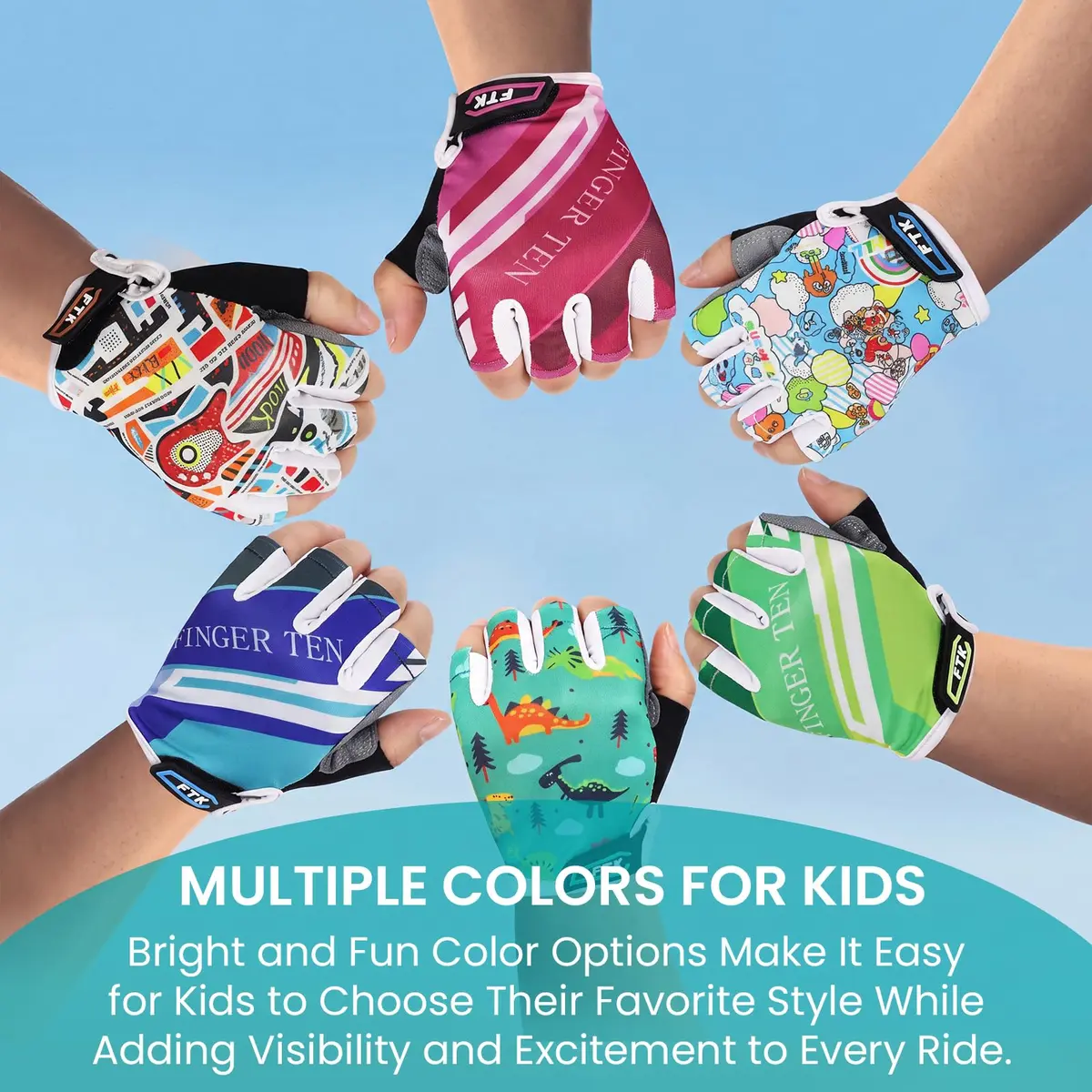 FINGER TEN Kids Bike Gloves with Gel Padding (Green, Small) | Breathable, Anti-Slip Cycling Gloves for Youth - view 5