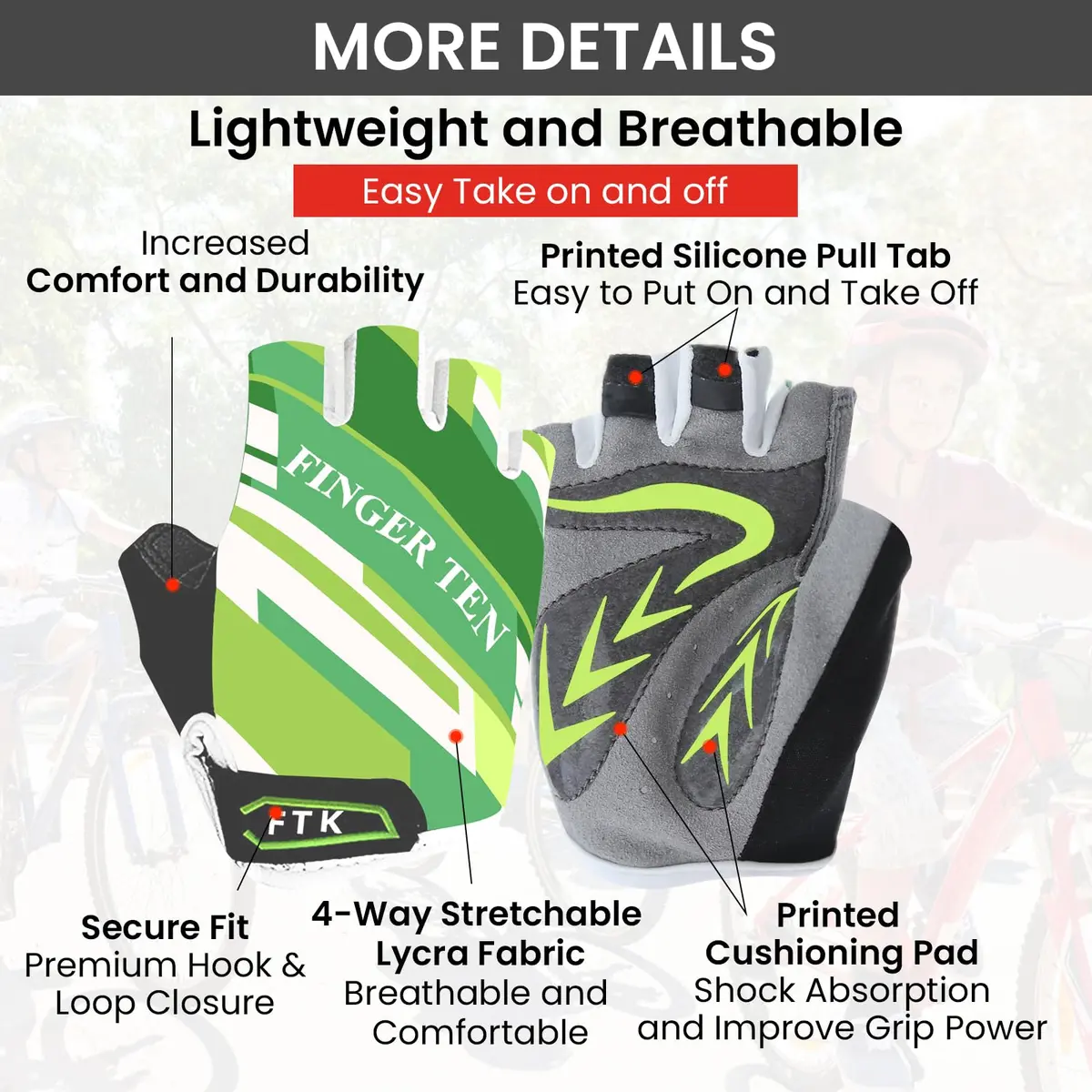 FINGER TEN Kids Bike Gloves with Gel Padding (Green, Small) | Breathable, Anti-Slip Cycling Gloves for Youth - view 2