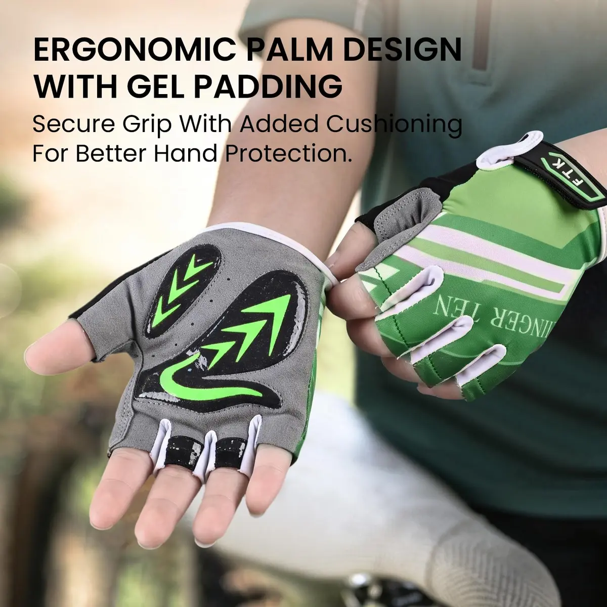 FINGER TEN Kids Bike Gloves with Gel Padding (Green, Small) | Breathable, Anti-Slip Cycling Gloves for Youth - view 3