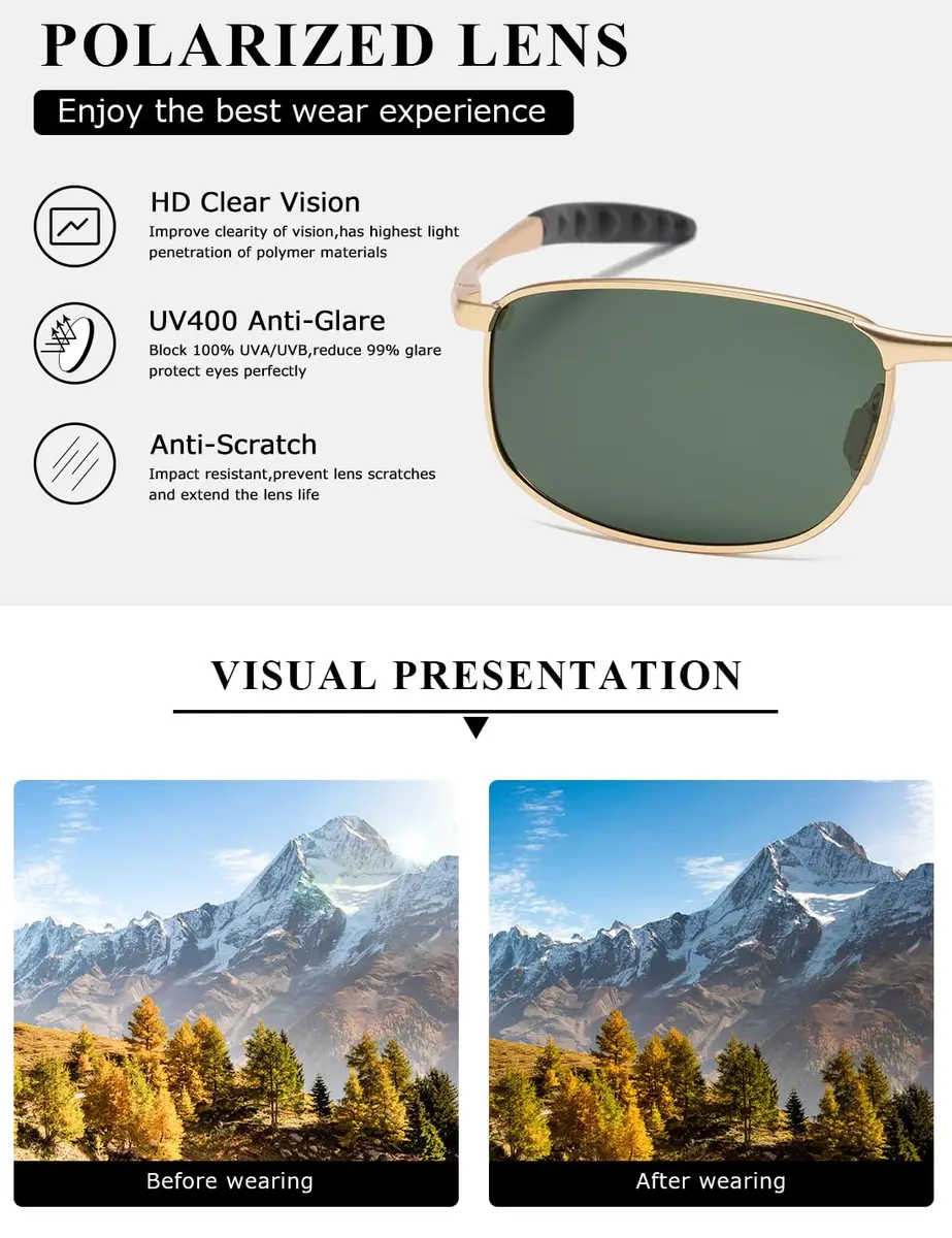 AEVOGUE Rectangular Polarized Sunglasses AE0395 | UV400 Protection, Metal Frame, 59mm Lens Width - view 6