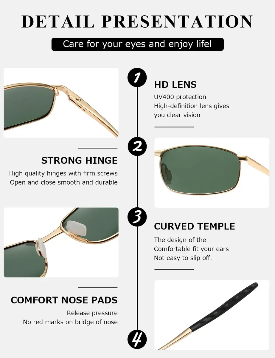 AEVOGUE Rectangular Polarized Sunglasses AE0395 | UV400 Protection, Metal Frame, 59mm Lens Width - view 7