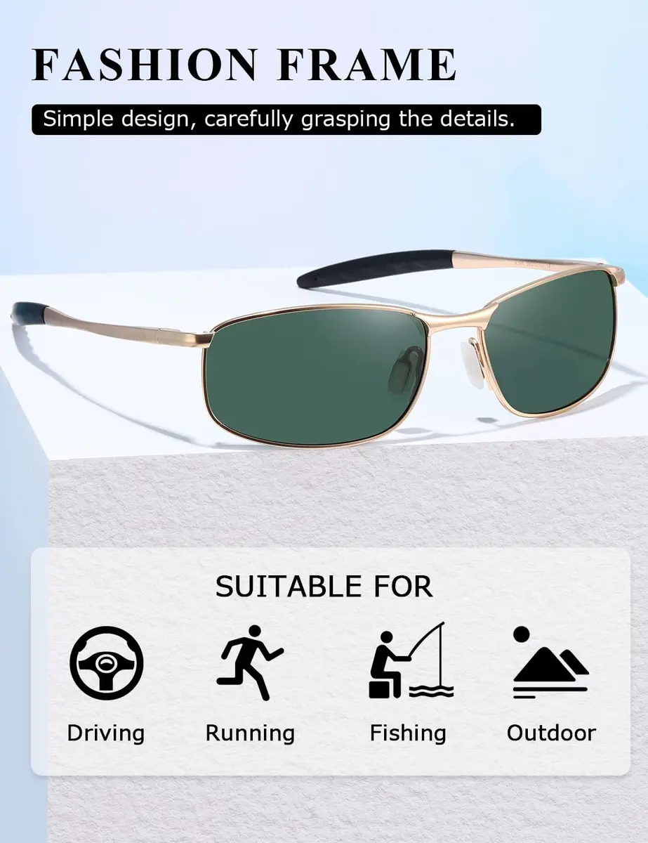 AEVOGUE Rectangular Polarized Sunglasses AE0395 | UV400 Protection, Metal Frame, 59mm Lens Width - view 3
