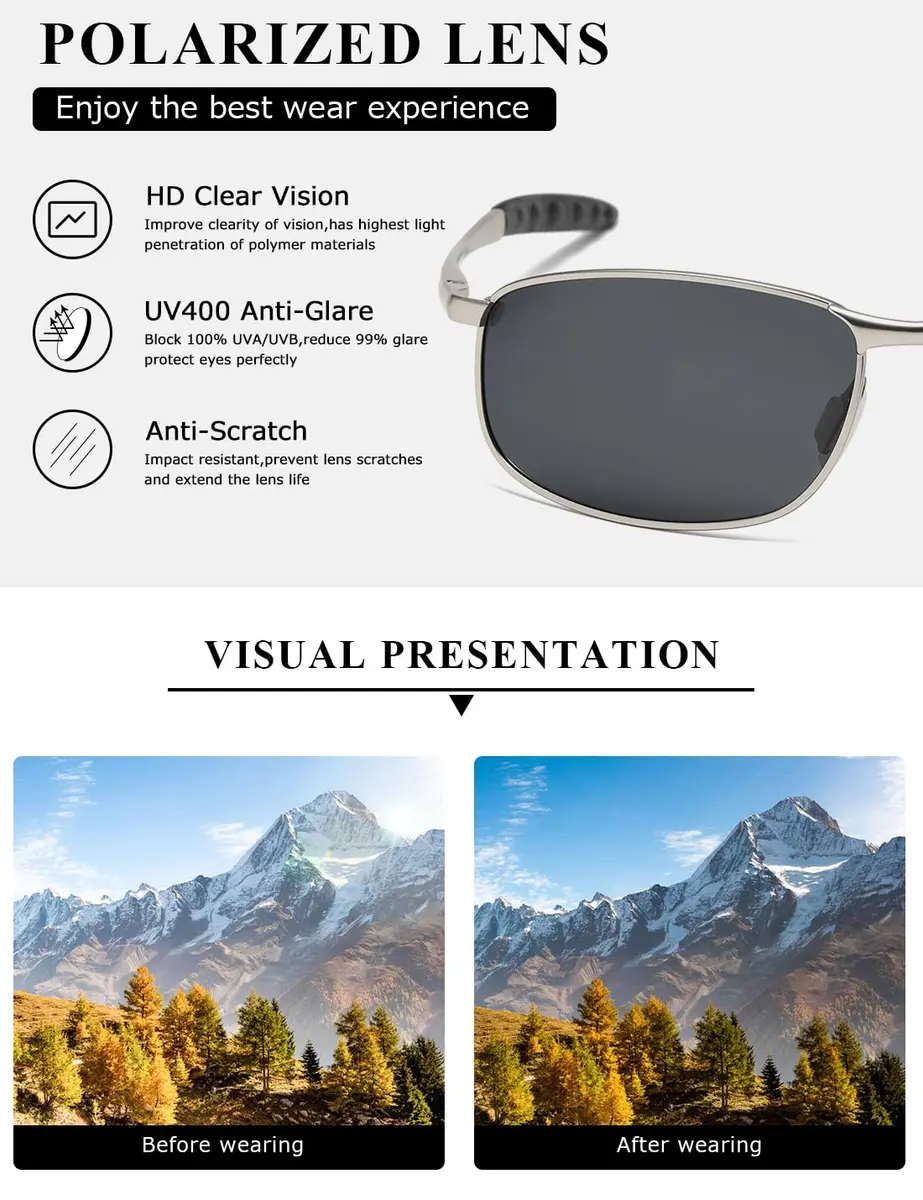 AEVOGUE Rectangular Polarized Sunglasses AE0395 | UV400 Protection, Metal Frame, 59mm Lens Width - view 6