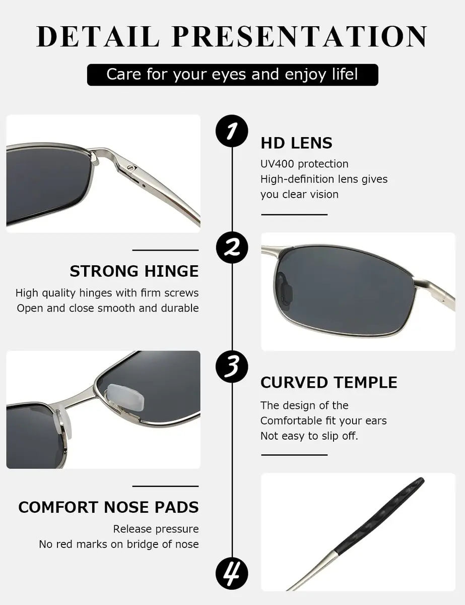 AEVOGUE Rectangular Polarized Sunglasses AE0395 | UV400 Protection, Metal Frame, 59mm Lens Width - view 7