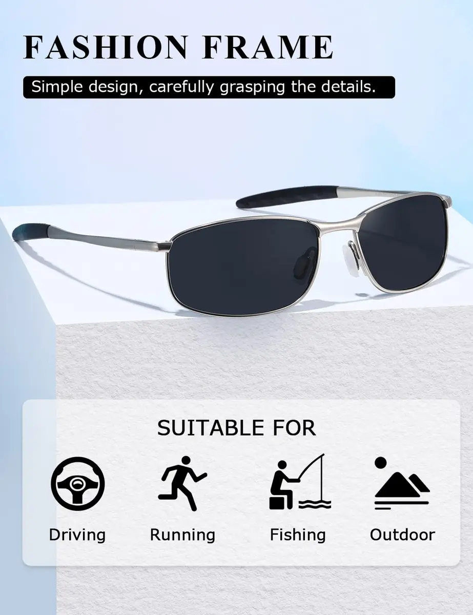 AEVOGUE Rectangular Polarized Sunglasses AE0395 | UV400 Protection, Metal Frame, 59mm Lens Width - view 3