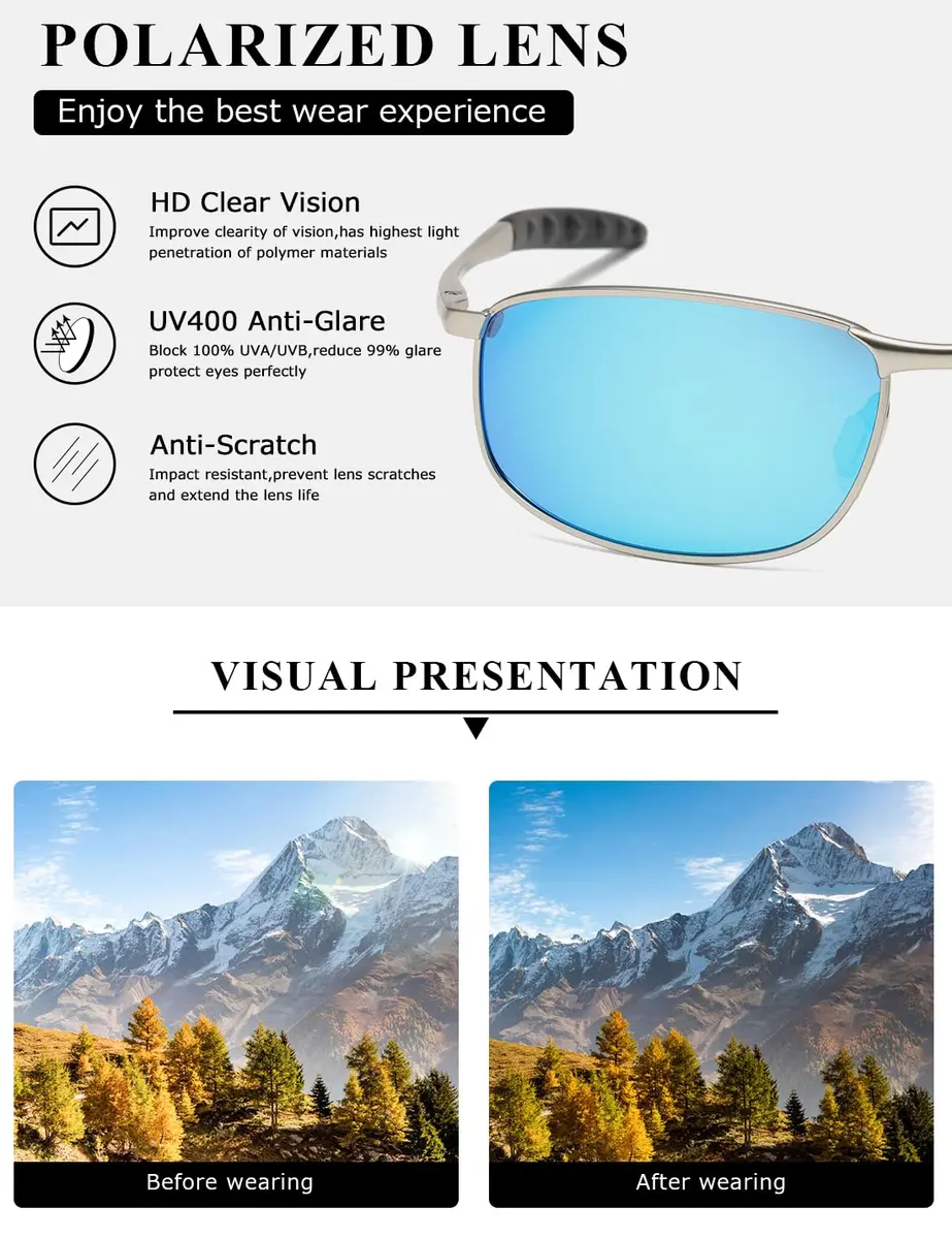 AEVOGUE Rectangular Polarized Sunglasses AE0395 | UV400 Protection, Metal Frame, Silver & Blue - view 6