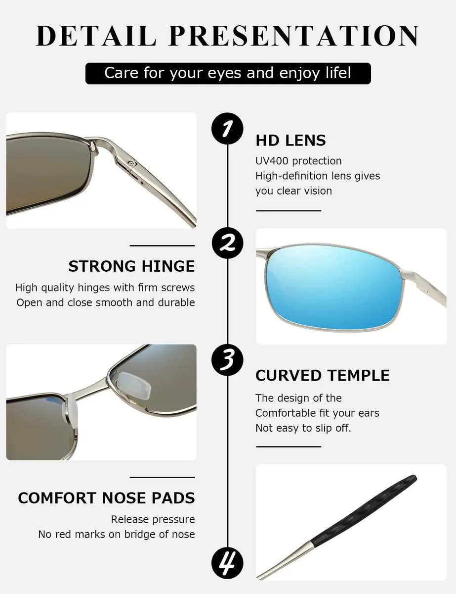 AEVOGUE Rectangular Polarized Sunglasses AE0395 | UV400 Protection, Metal Frame, Silver & Blue - view 7