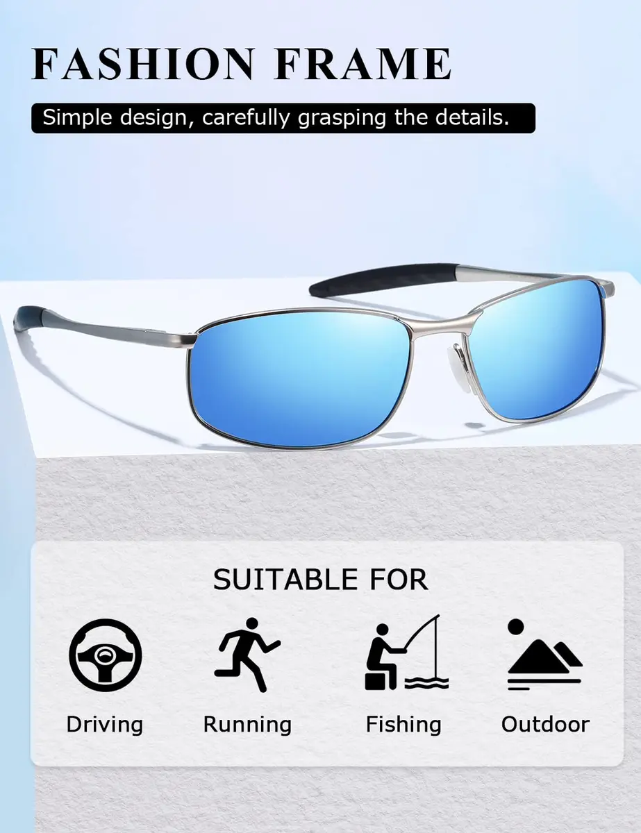 AEVOGUE Rectangular Polarized Sunglasses AE0395 | UV400 Protection, Metal Frame, Silver & Blue - view 3