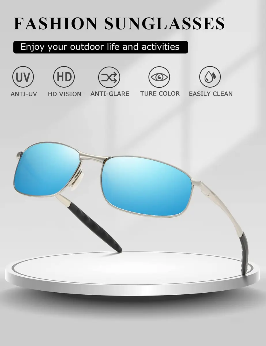 AEVOGUE Rectangular Polarized Sunglasses AE0395 | UV400 Protection, Metal Frame, Silver & Blue - view 4