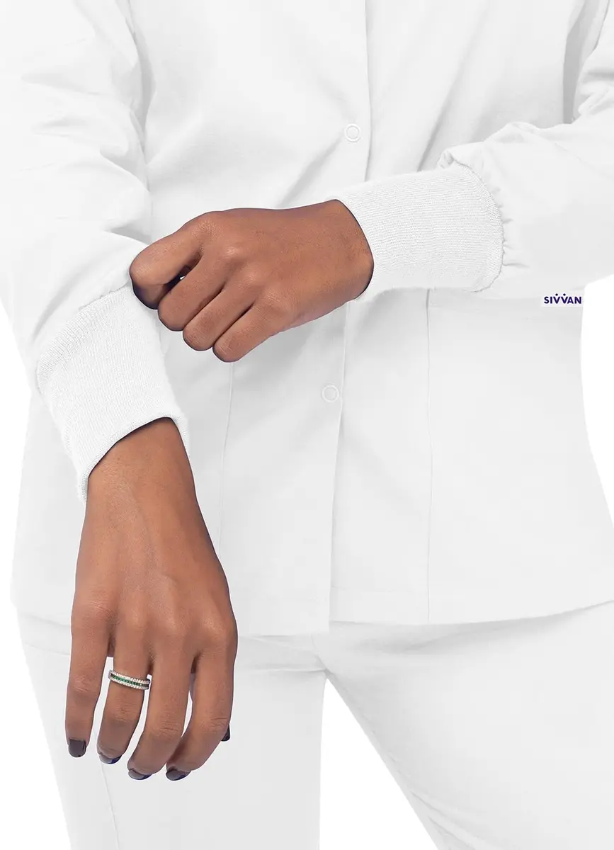 Sivvan Scrubs for Women - Front Snap Warm Up Jacket White S | Classic Fit, 29" Back Length, 2 Pockets, Long Sleeves - view 6