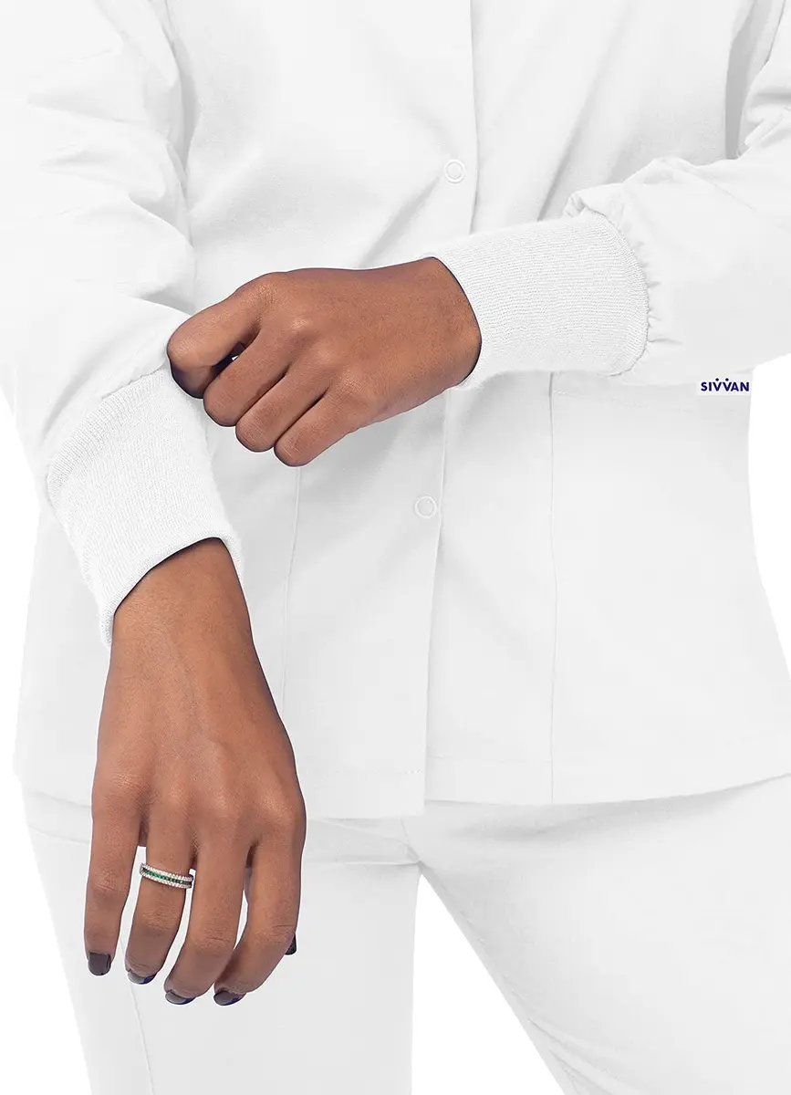 Sivvan Scrubs for Women - Front Snap Warm Up Jacket White S | Classic Fit, 29" Back Length, 2 Pockets, Long Sleeves - view 3