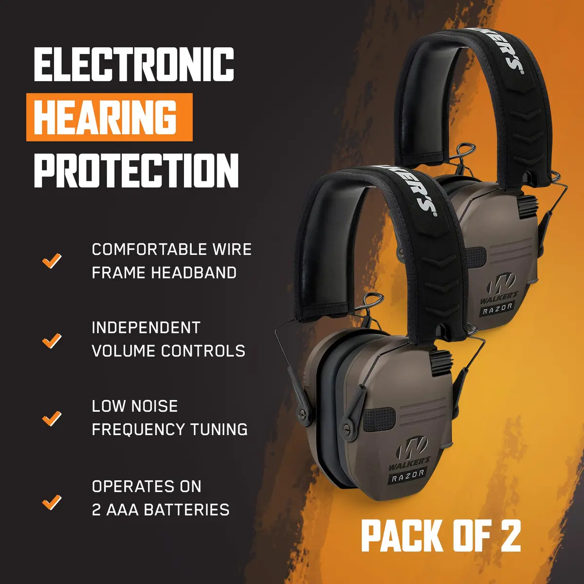 Walker's Razor Slim Shooter Electronic Hearing Protection Earmuffs 2-Pack | Noise Reduction 23dB, HD Speakers, Foldable Headband - view 3
